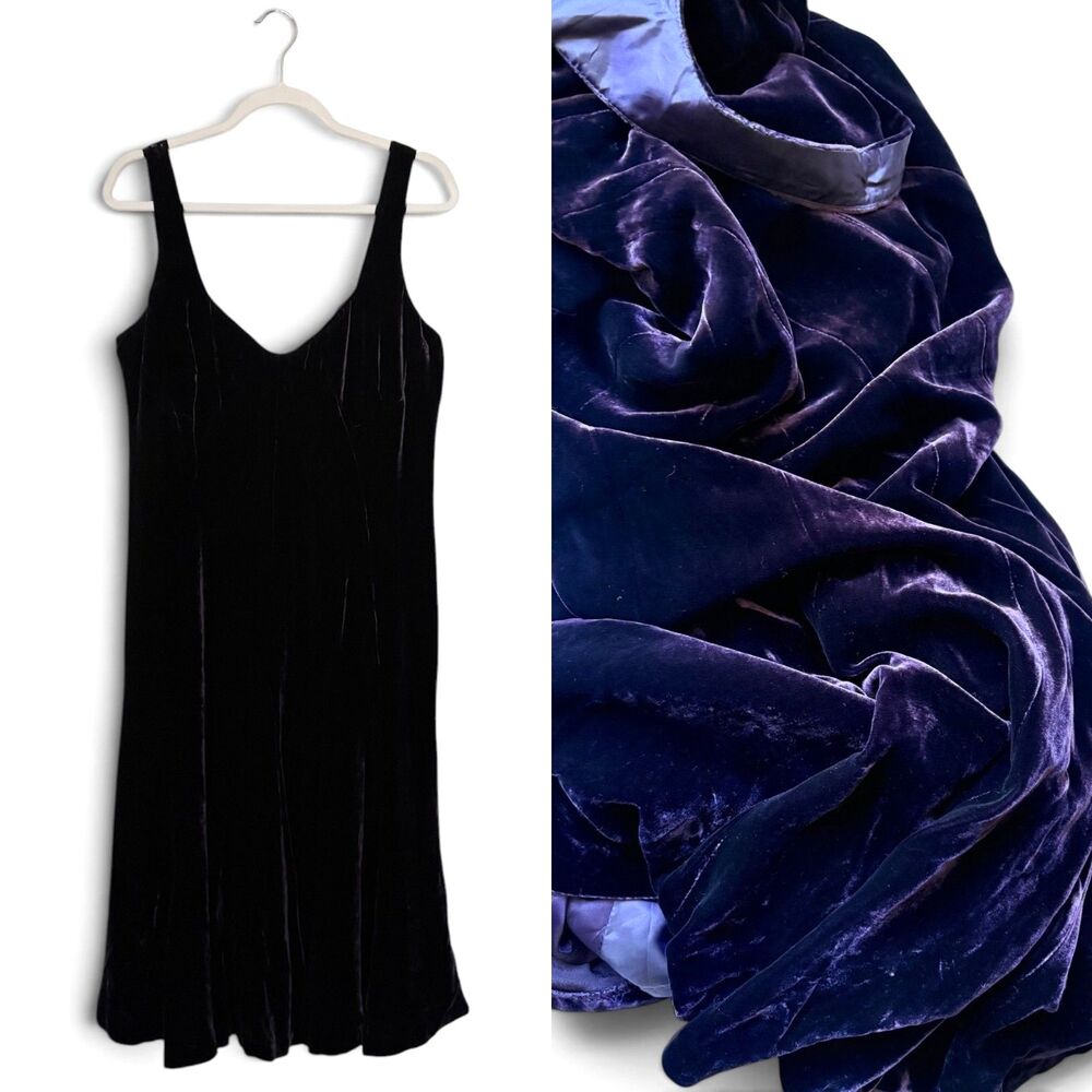 Lauren Ralph Lauren Slip Midi Dress 12 Purple Velvet Silk Blend 90s Minimalist